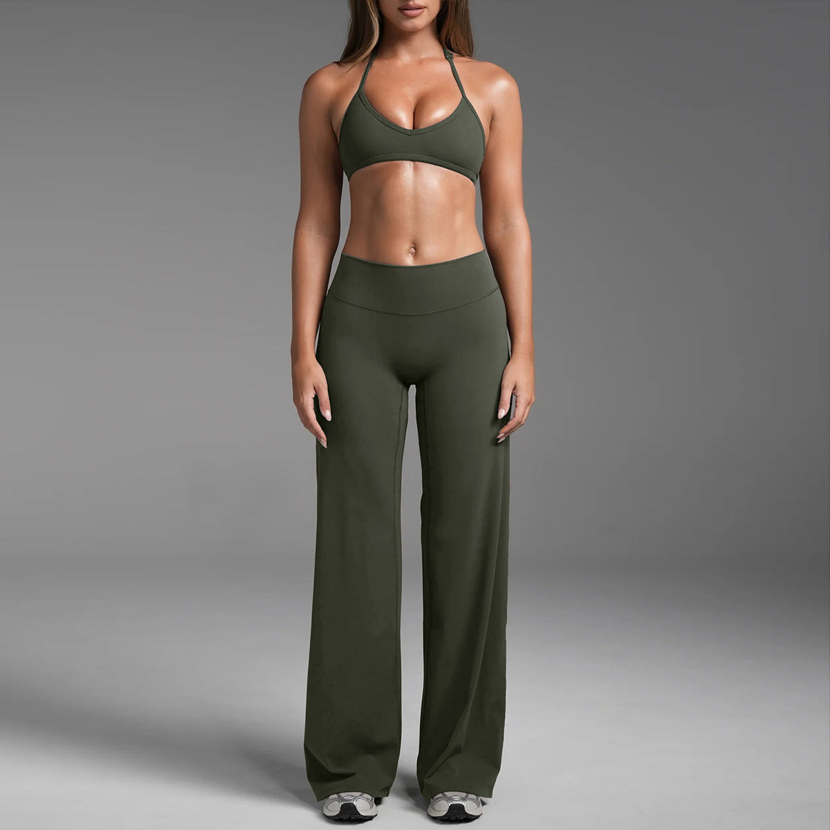Halter Neck Sports Bra with Straight Leg Pants Set
